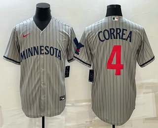 Mens Minnesota Twins #4 Carlos Correa 2023 Grey Home Team Cool Base Stitched Jersey->->MLB Jersey